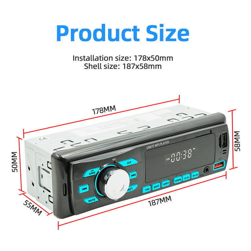 Single DIN car stereo receiver radio with Bluetooth, USB playback, AUX, and voice assistant. n