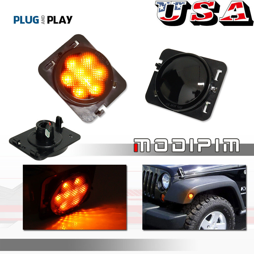 Smoke Lens Amber LED Fender Flash/Side Marker Lights for 07-15 for Jeep for Wrangler JK- v