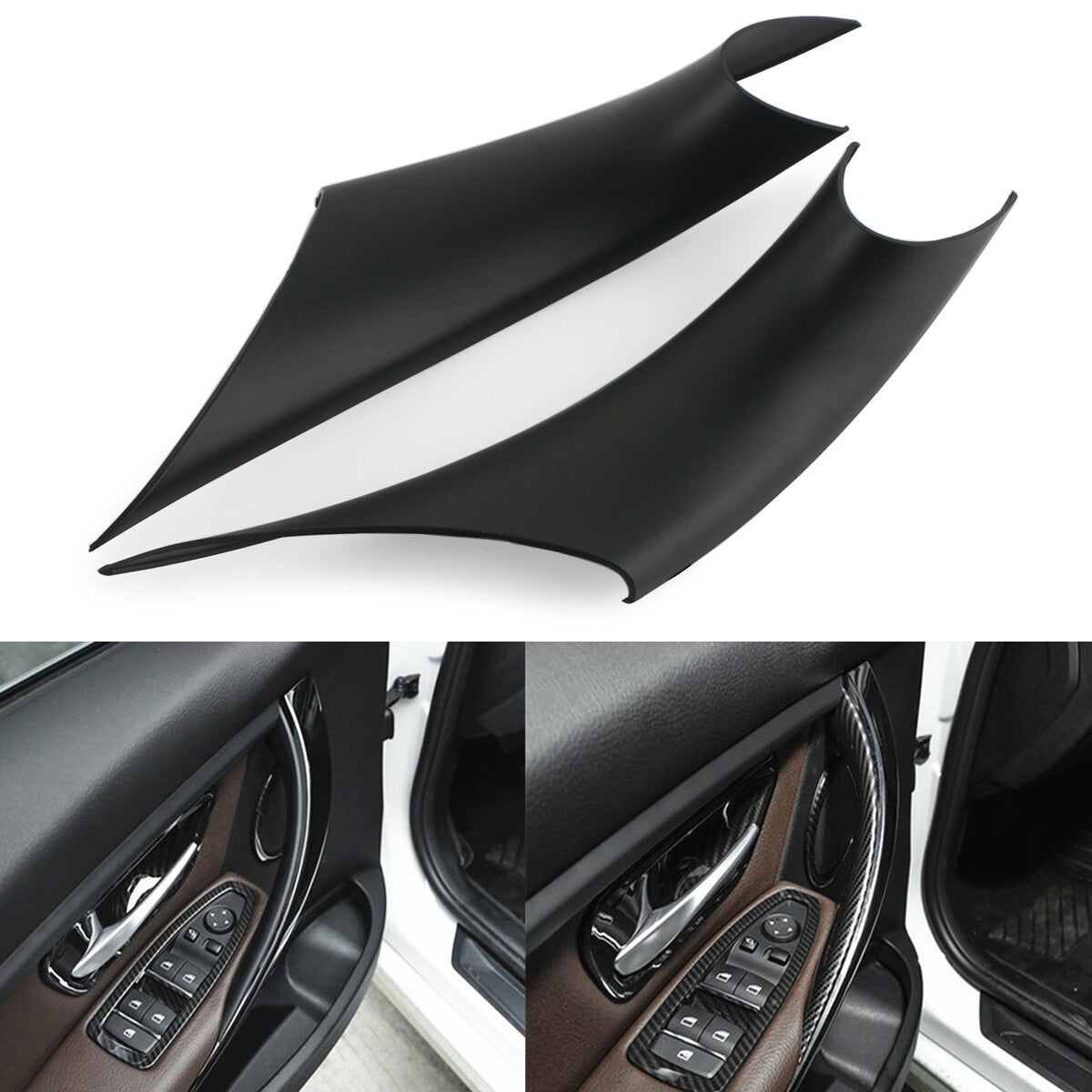A pair of black inner door handle cover protectors for BMW 3 Series, 4 Series, F30, F35