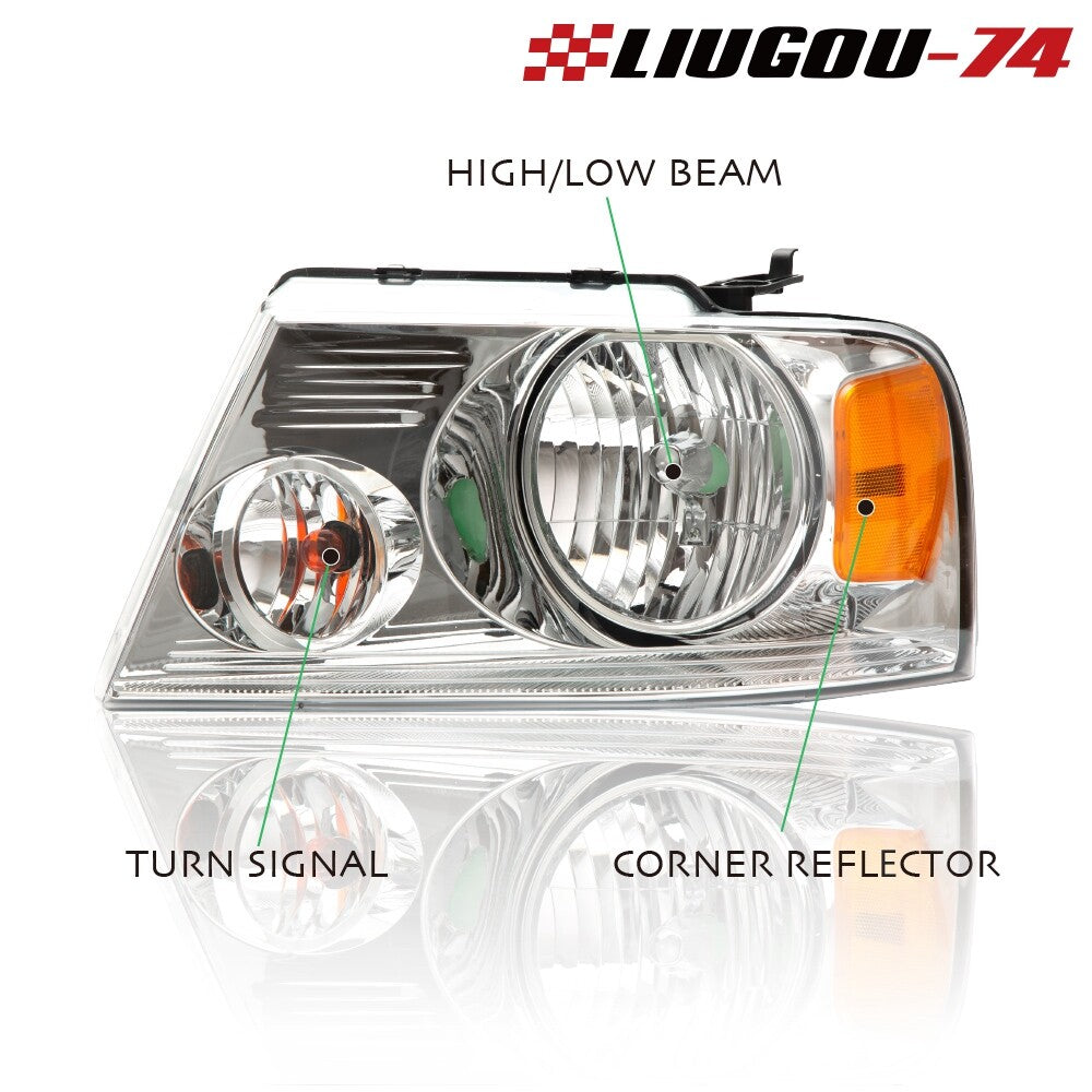 2 Piece Headlight Assembly for 2004 - 2008 for F150 for CHRome House Clear Strip - v