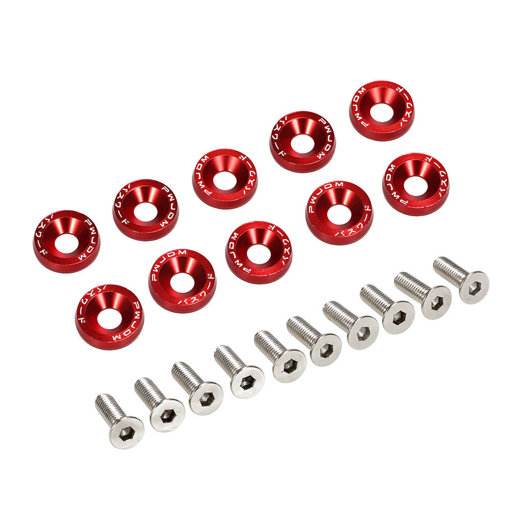 10Pcs Red JDM Billet Aluminum Fender Bumper Washer Bolt Engine Bay Dress Up Kit
