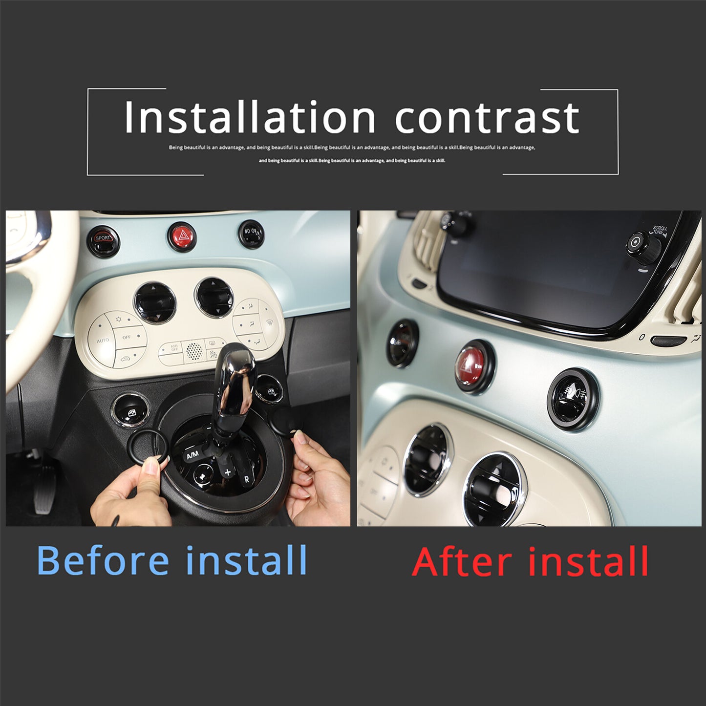 Black aluminum dashboard switch with button ring cover for Fiat 500 2010-2022 5X- n