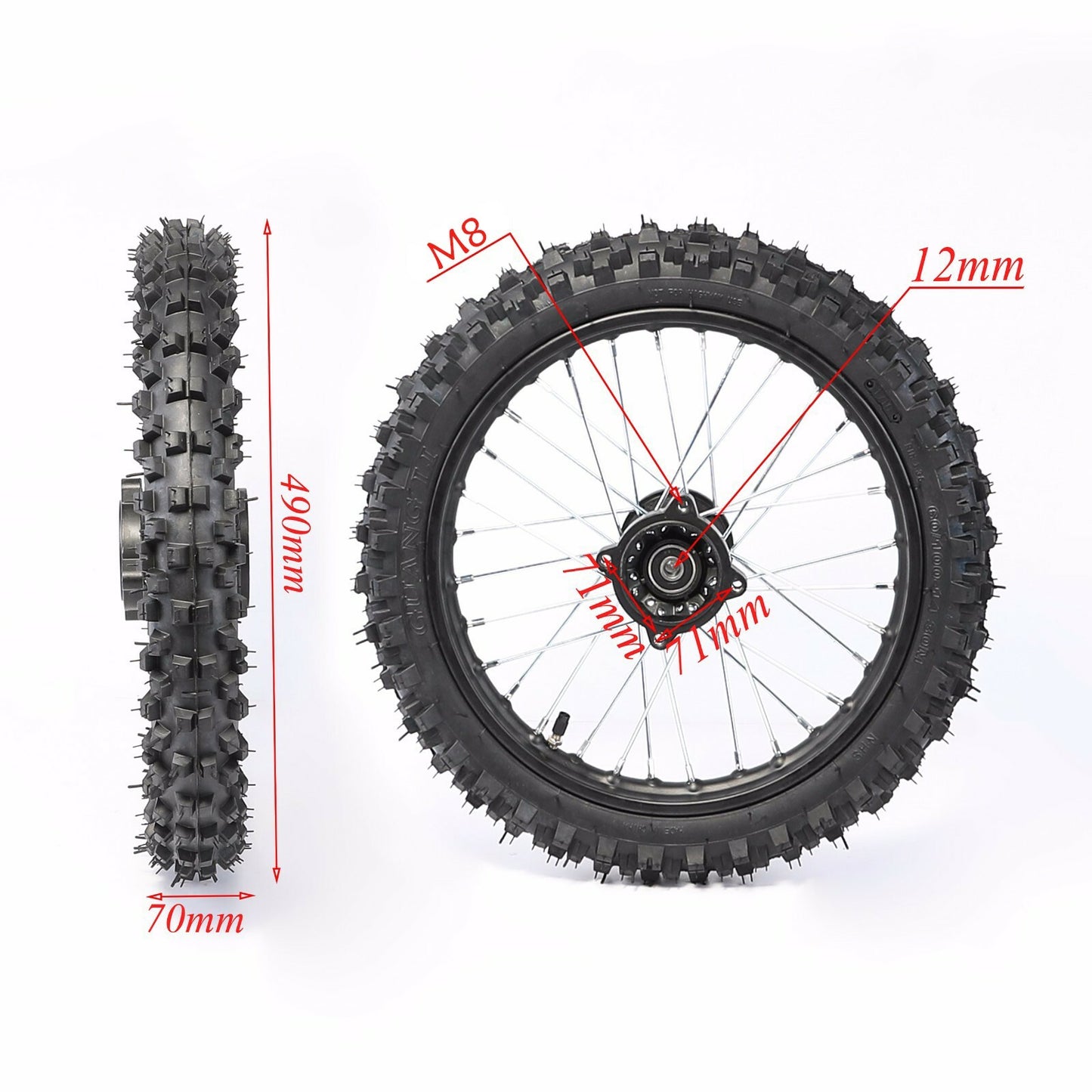 12mm 60/100-14 front tire, 1.4x14 rim, rotor suitable for Taodaokeng bicycles 110cc and 125cc.