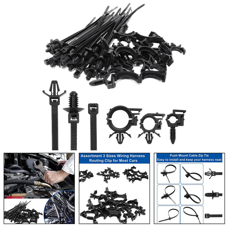 Push Mount Cable Zip Tie Assorted Automotive Wiring Clip Self Locking Fastening