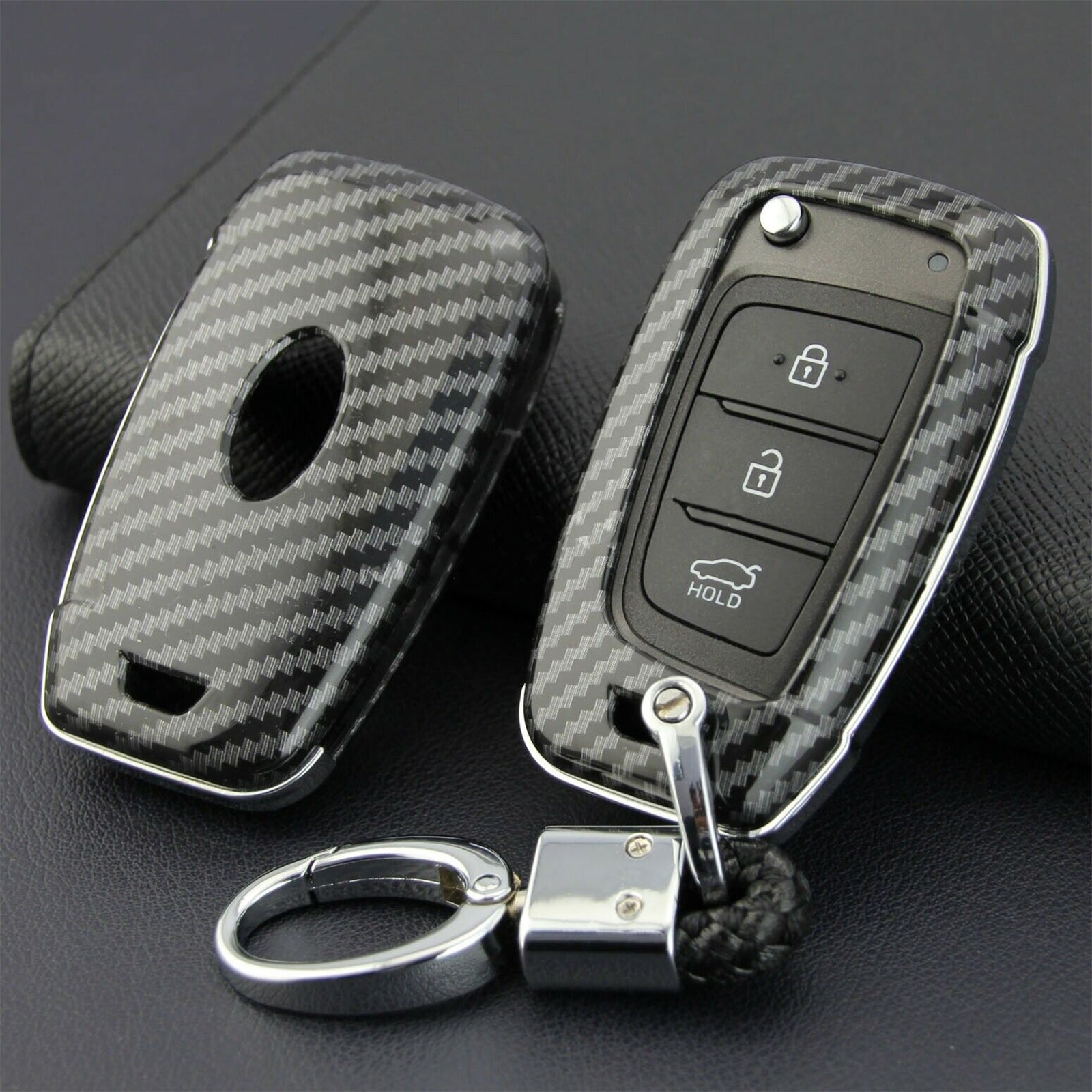Carbon Fiber Flip Key Cover Case Chain for Hyundai for Elantra Santa Fe Accent