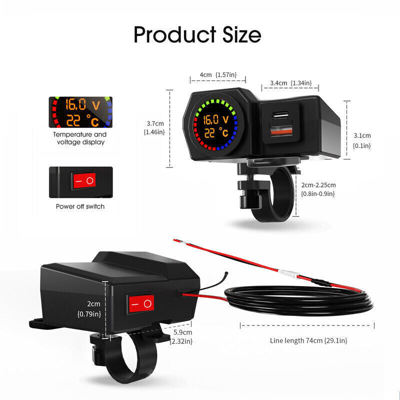Motorcycle Dual USB Charger with Voltage and Temperature Display for 7/8 Inch Handlebar Mount - n