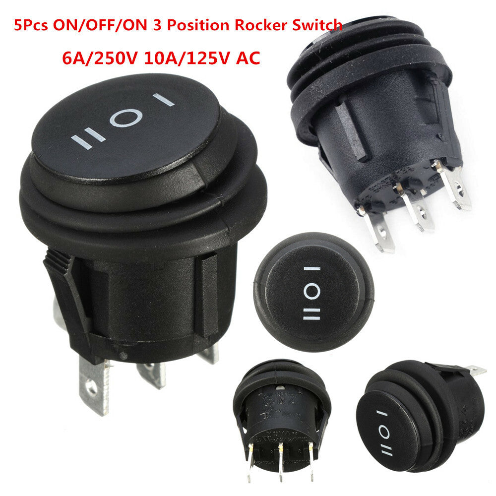 5x On/Off/On 3-Position Car/Boat 3-Pin Round Rocker Switch SPDT 6A/250V 10A/125VAC n