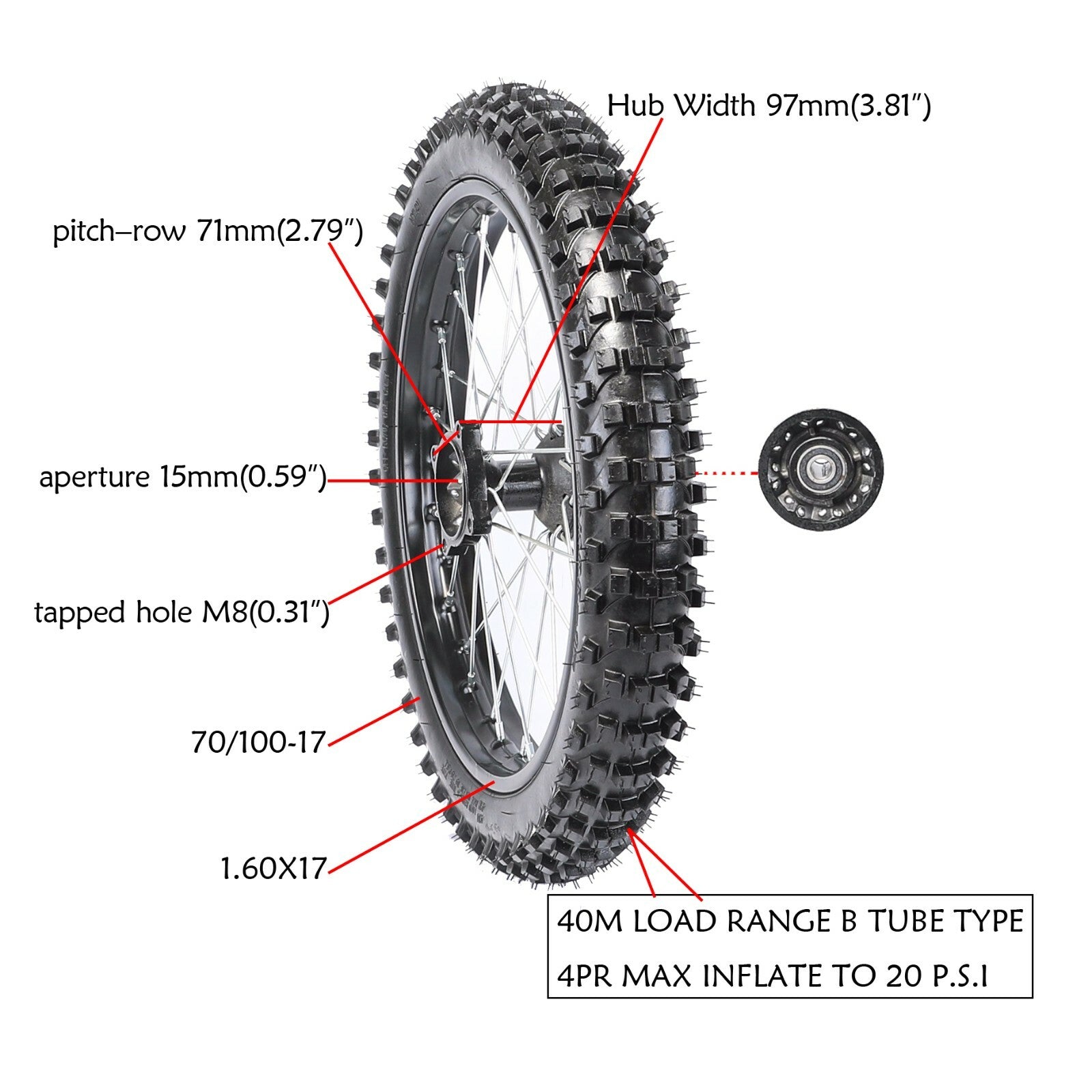 17-inch wheels, 70/100-17 rims + fork suspension for Dirt Pit SSR bicycle 110cc 125cc