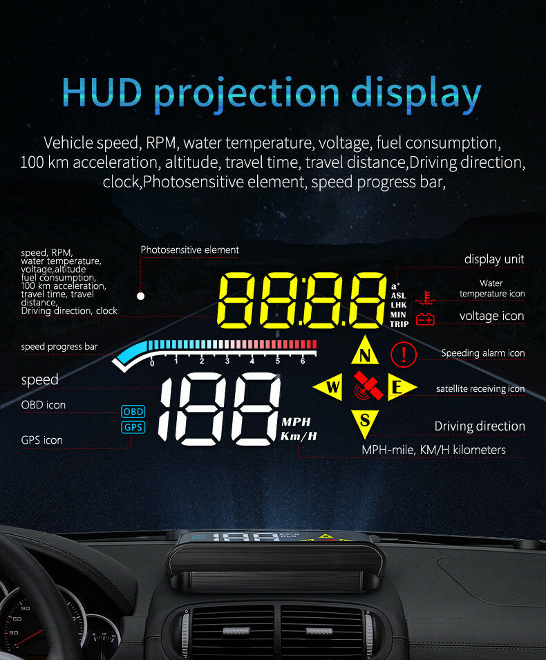 Multifunctional Car HUD Head-up Display Speedometer Overspeed Alarm Projection
