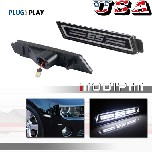 Applicable to 2010-2015 for Chevrolet Camaro front bumper side markers with white LED lights.