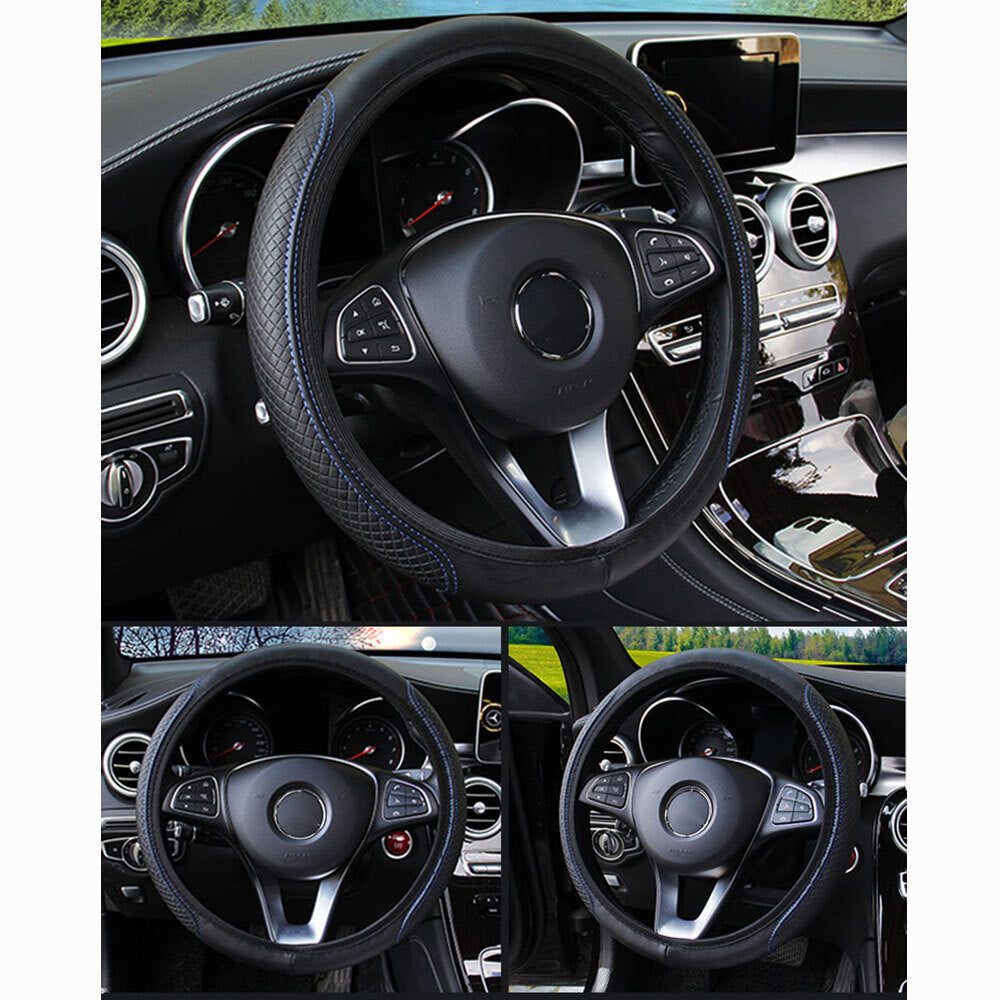Leather car steering wheel cover for good grip, car accessories, 15-inch, black and blue - n