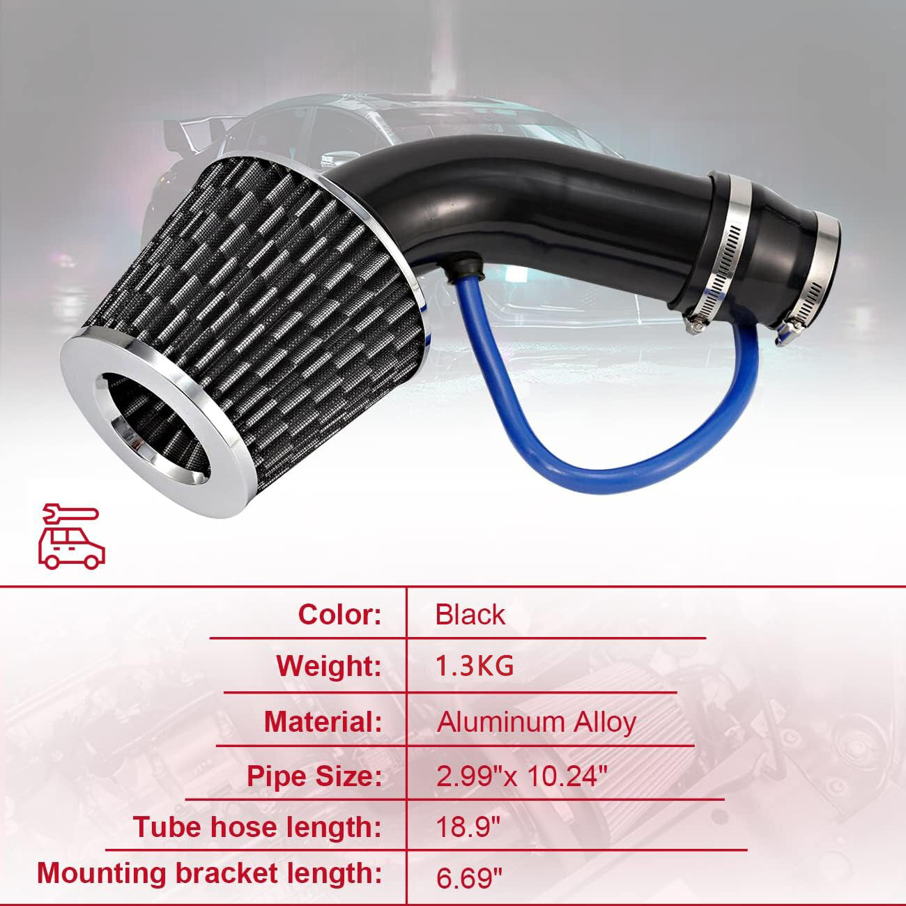 3 Car Cool Air Intake Kit Filter Induction Pipe w/ Aluminium Low Hose  Clamp