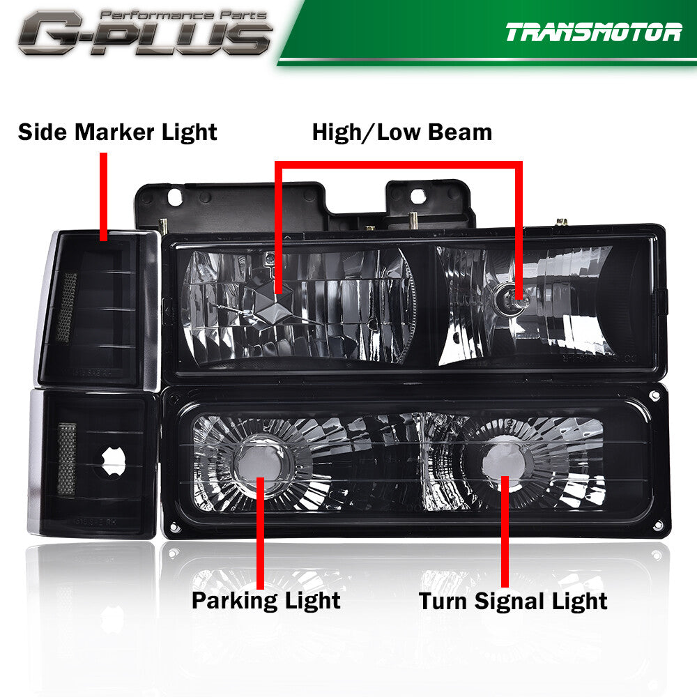 Fits 94-98 C/K for Sierra Suburban Smoke Lens Black Headlight + Bumper Light - v