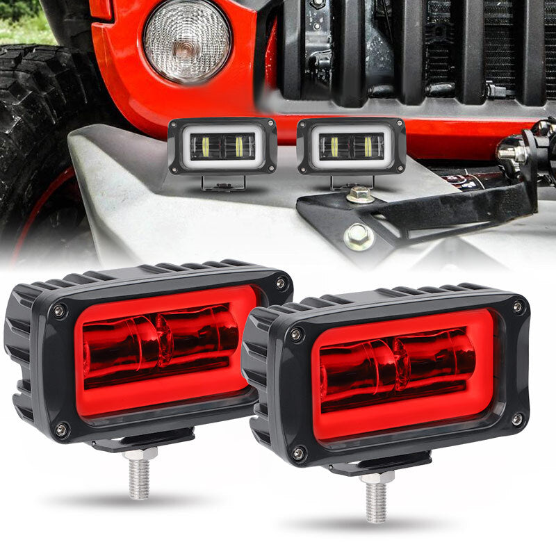 2X 4in 8D LED Work Light Bar Pods Red Halo DRL Spot Fog Driving SUV ATV Off Road