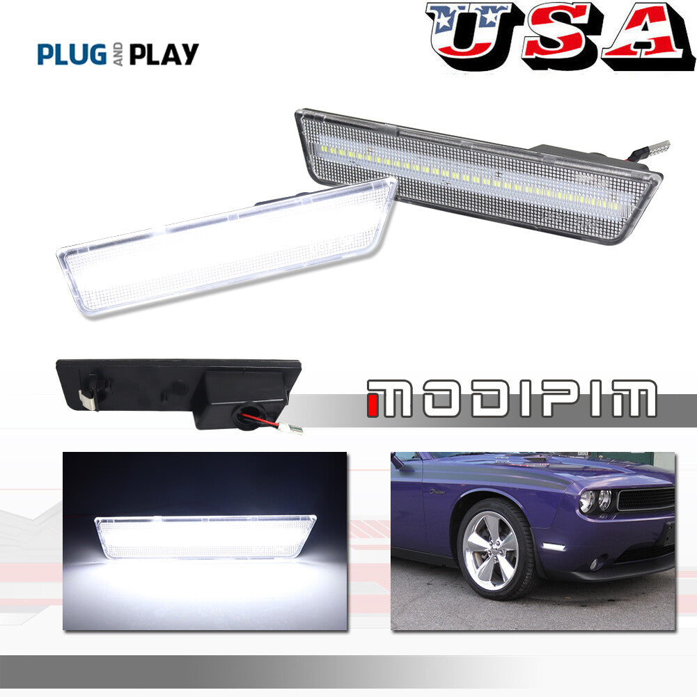 2pcs Clear Lens Pure White LED Front Side Marker Lights for 08-14 for Dodge for Challenger - v