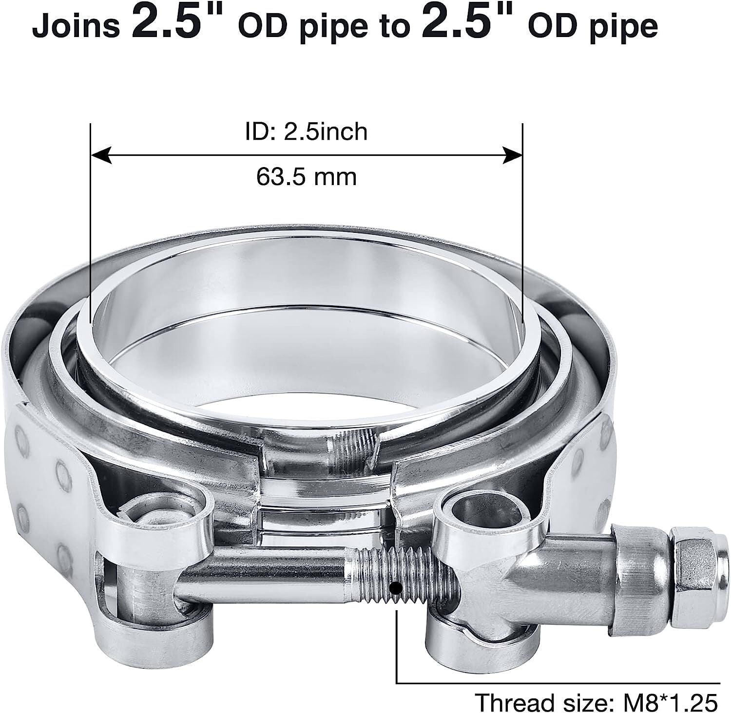 2.5-inch quick-release V-band flange clamp for turbo exhaust pipes made of T304 milk steel.