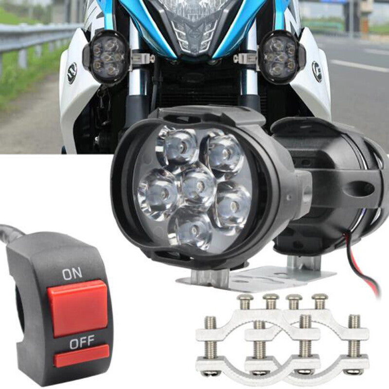 2-Pack 6-LED Motorcycle Auxiliary Headlights, White Spotlights, with Switch and Bracket n