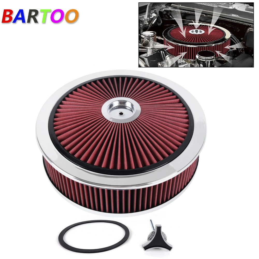 14 X 4 Round Red Thru High Flow Washable Air Cleaner w/ Chrome Lid For SBC BBC Q