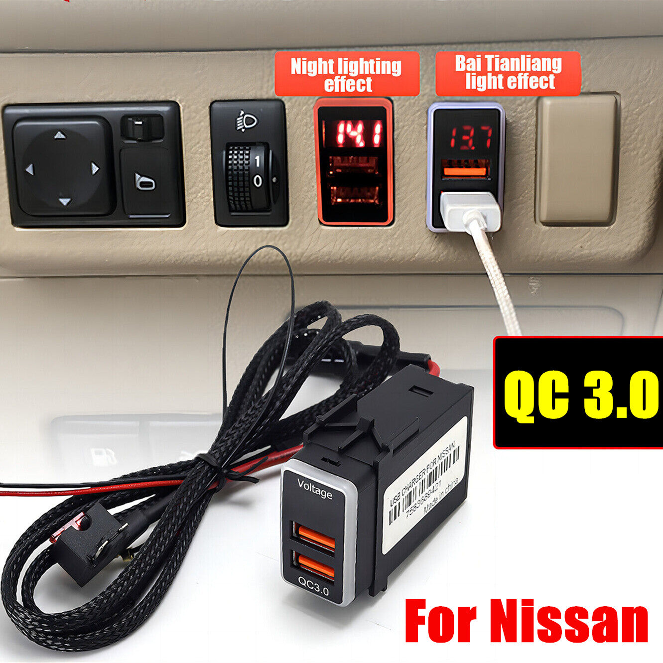 Compatible with QC 3.0 QuickCharger Dual USB Mobile Phone Adapter Port Digital LED Voltmeter - n