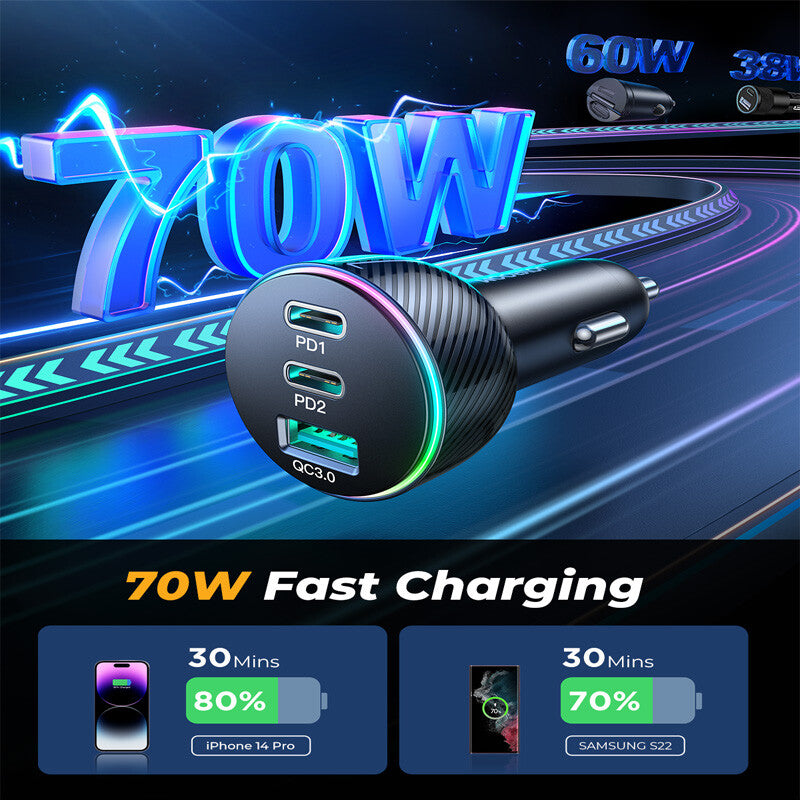 PD 35W Car Fast Charger Adapter with USB Type-C 3-Port Power Output - Universal Socket n