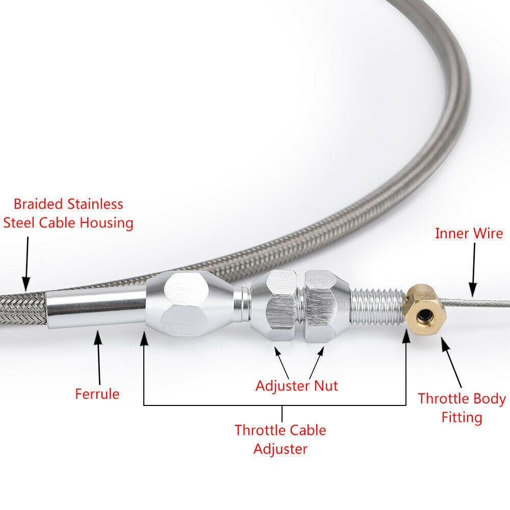 36'' throttle cable suitable for 4.8L, 5.3L, 6.0L, and 5.7L LS1 interchangeable stainless steel models. n