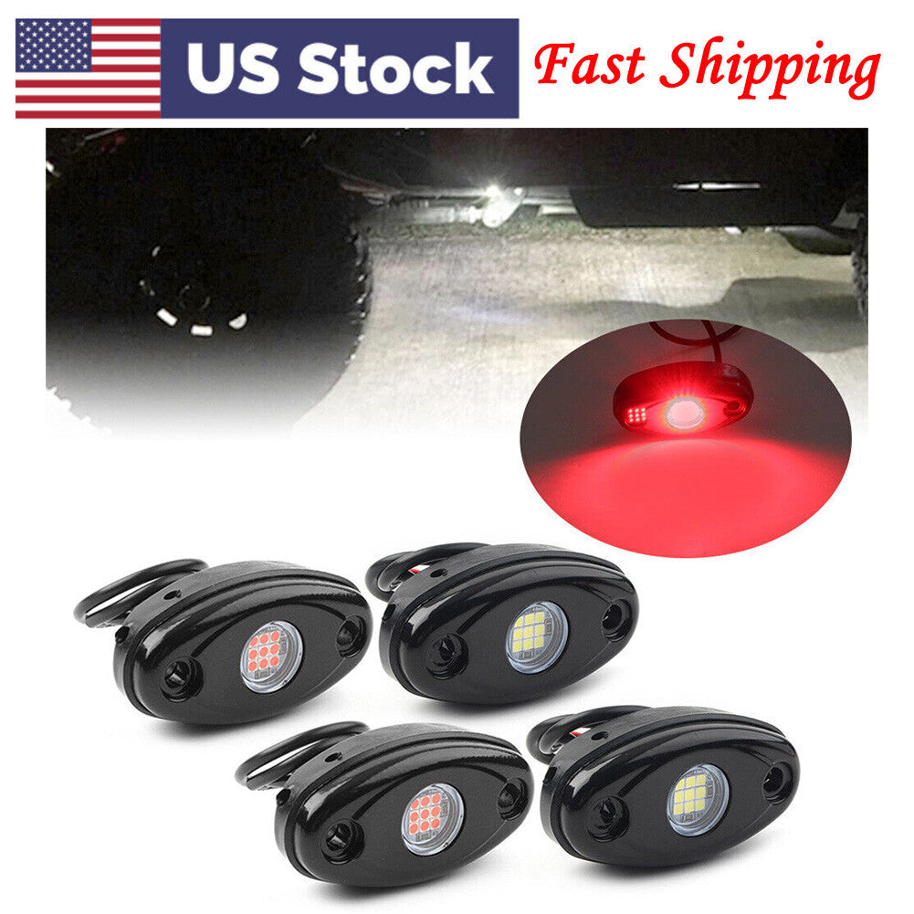 2PCS Red+White 9W 9-30V LED Rock Light for Jeep Pickup Under Body Trail Rig Lamp