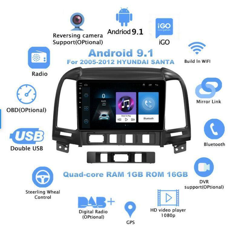 2005-2012 for Hyundai Santa Fe Stereo Radio GPS Player Navigation 9 Android 9.1