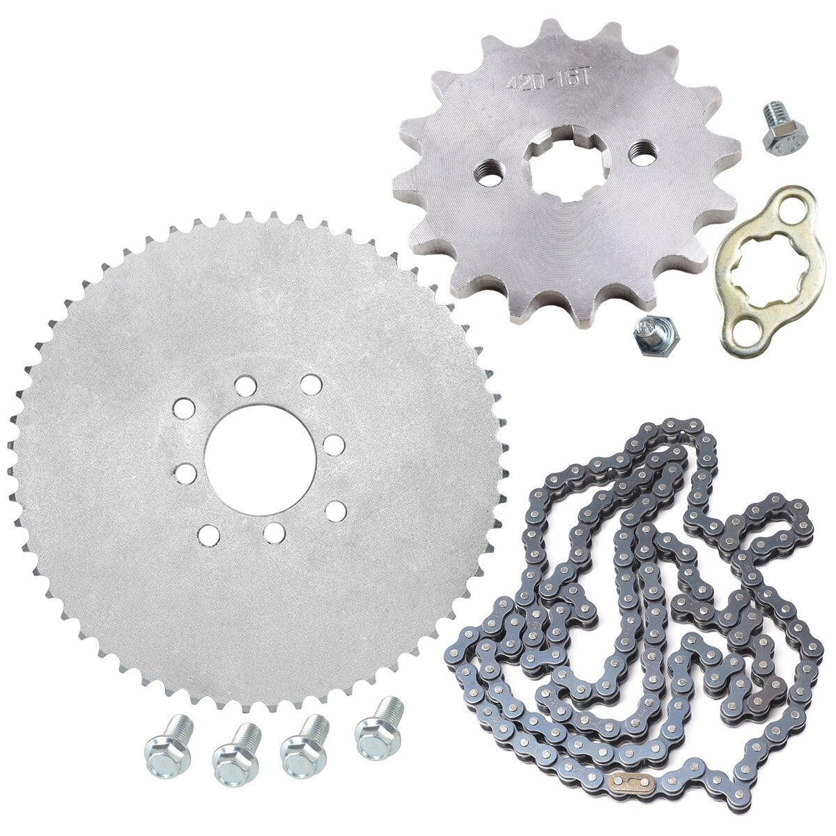 420 chain + 16T front and rear sprockets suitable for all-terrain vehicles, go-karts, off-road bikes, 125cc and 140cc.