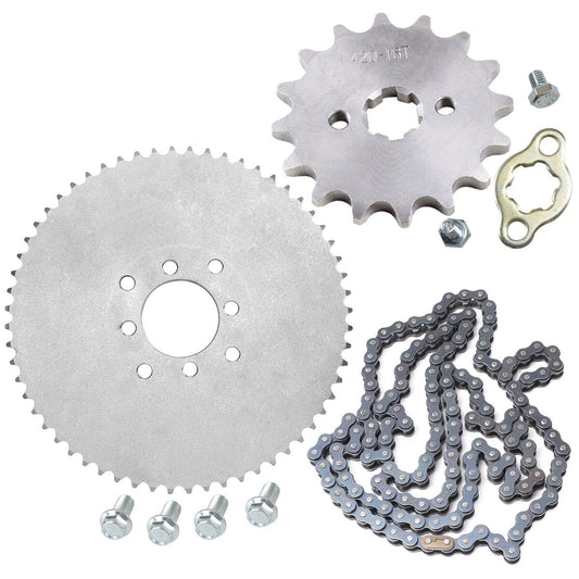 420 chain + 16T front and rear sprockets suitable for all-terrain vehicles, go-karts, off-road bikes, 125cc and 140cc.