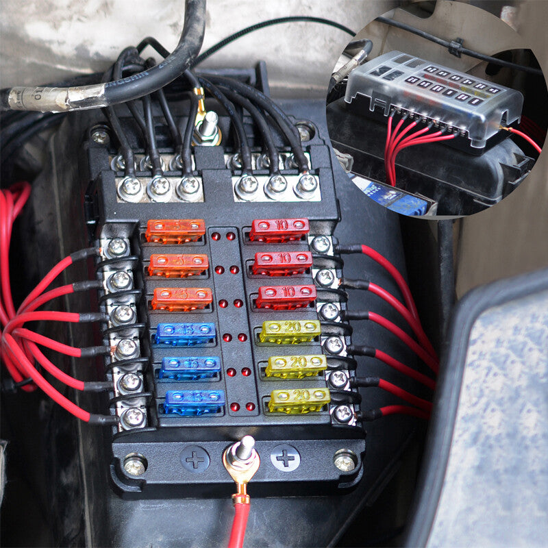 12-channel automatic fuse box, 32V with LED indicator, suitable for use in cars, trucks, boats, RVs, and ships. n