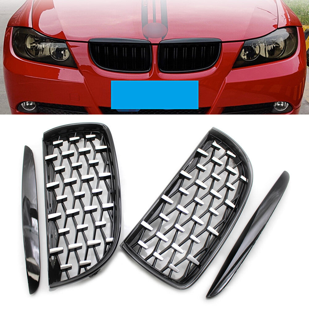 2pcs Front Black Frame Chrome Grille Diamond Meteor Style Fit for BMW E90 2005-08