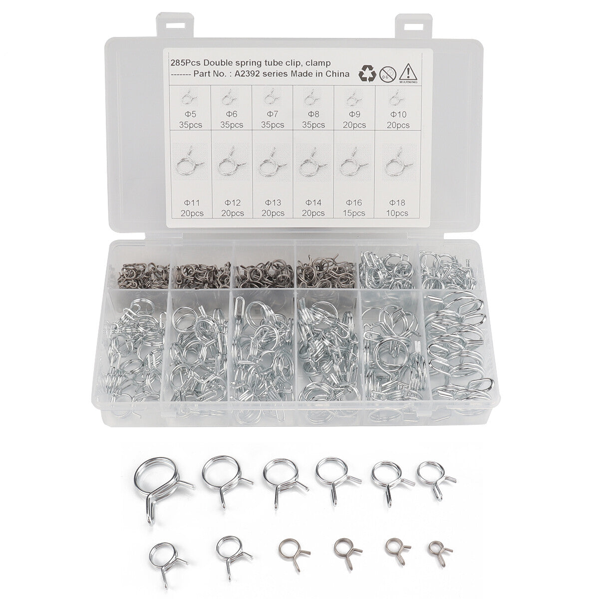 Steel wire hose clamps, categorized kit, steel spring wire, oil/water/fuel hoses, 285 pieces,