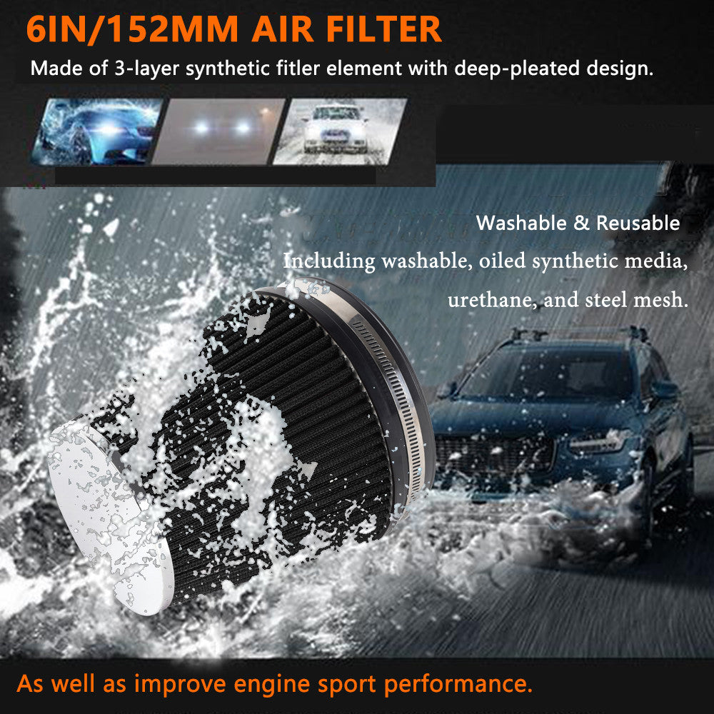6 152mm Inlet Truck Air Intake Cone Replacement Dry Air Filter 7in Tall Black Q