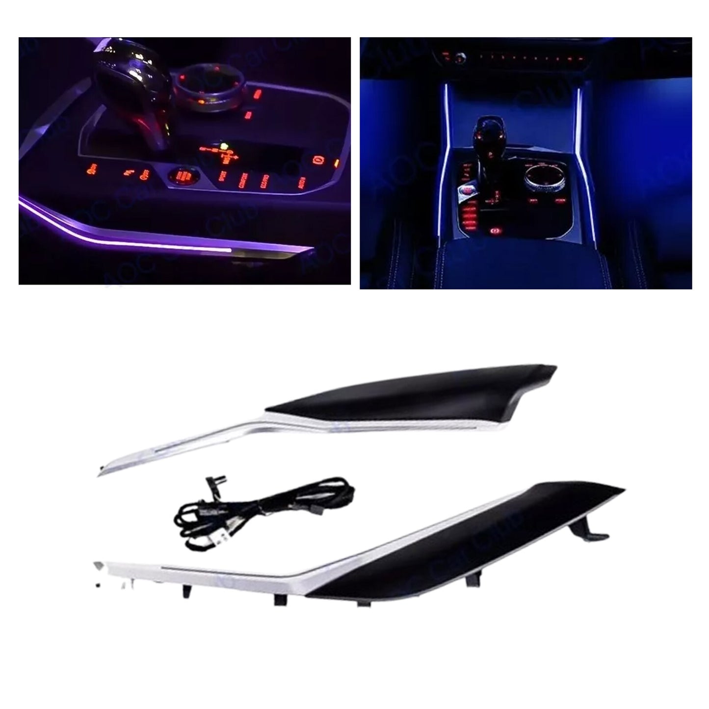 2-piece center console kit for BMW 330i/M340i/M3 G20/G28 with LED decorative ambient lighting.