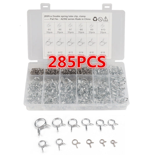 Steel wire hose clamps, categorized kit, steel spring wire, oil/water/fuel hoses, 285 pieces,