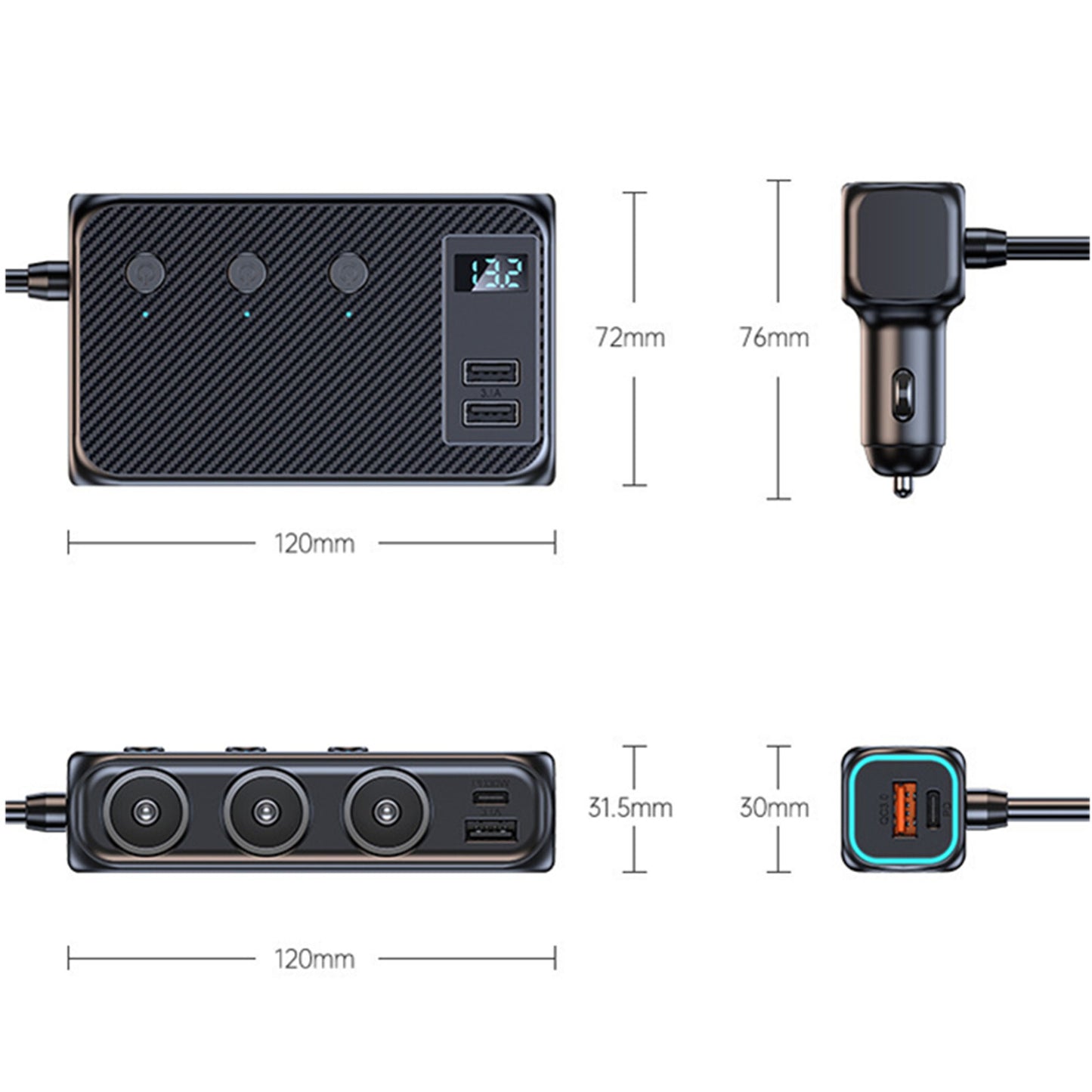 Car 12V Cigarette Lighter Socket Splitter USB-C Fast Charger Power Adapter