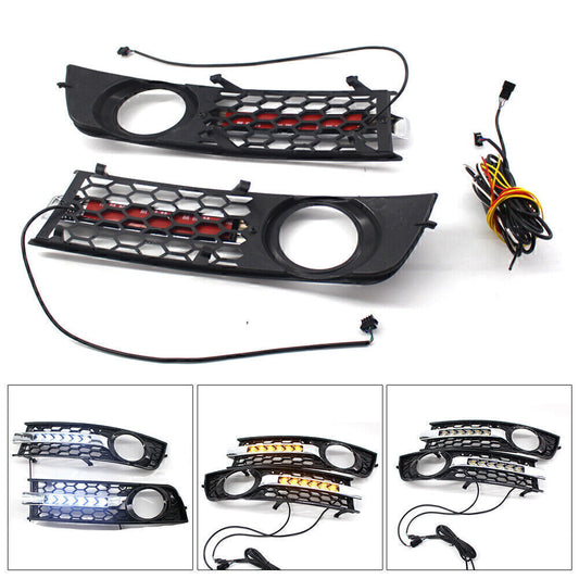 2pcs Honeycomb Mesh Grille LED Fog Light Cover Turn Signal Fit for AUDI for A4 B6 01-05 Q