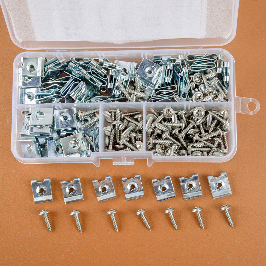 200x ASSORTED SPIRE CLIPS U NUTS SPEED FASTENERS FLANGE SELF TAPPING SCREWS