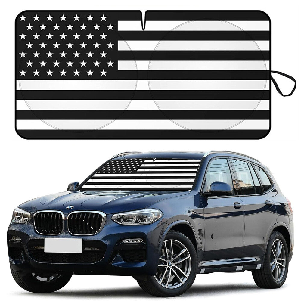 Foldable UV-protective windshield sunshade with American flag design for X1, X3, and X5 vehicles. n