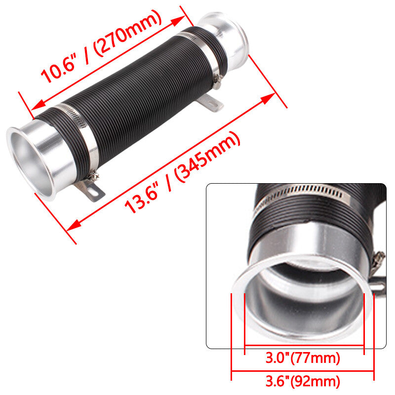 3'' 76mm Flexible Car Cold Air Intake Hose Filter Pipe Telescopic Tube Silver Q