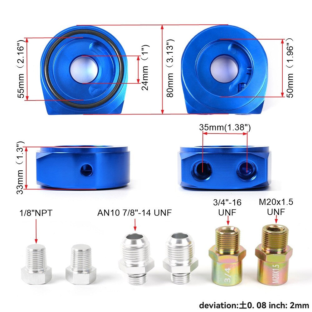 Blue Aluminum Oil Filter/Cooler Sandwich AN10 Block Adapter Gauge Sensor Plate Q