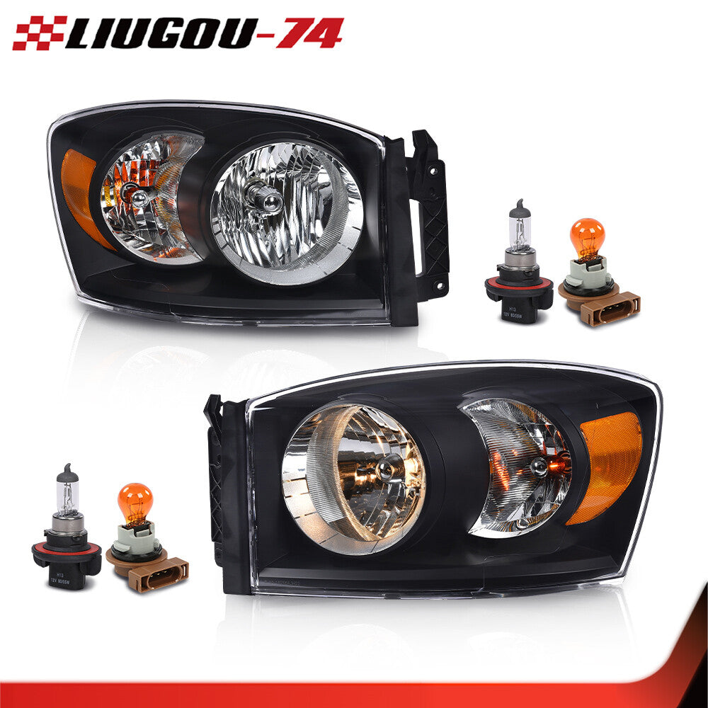 Fits 2006 07-09 for Dodge for Ram 1500 2500 3500 Black/Amber Headlight Headlamp Kit - v