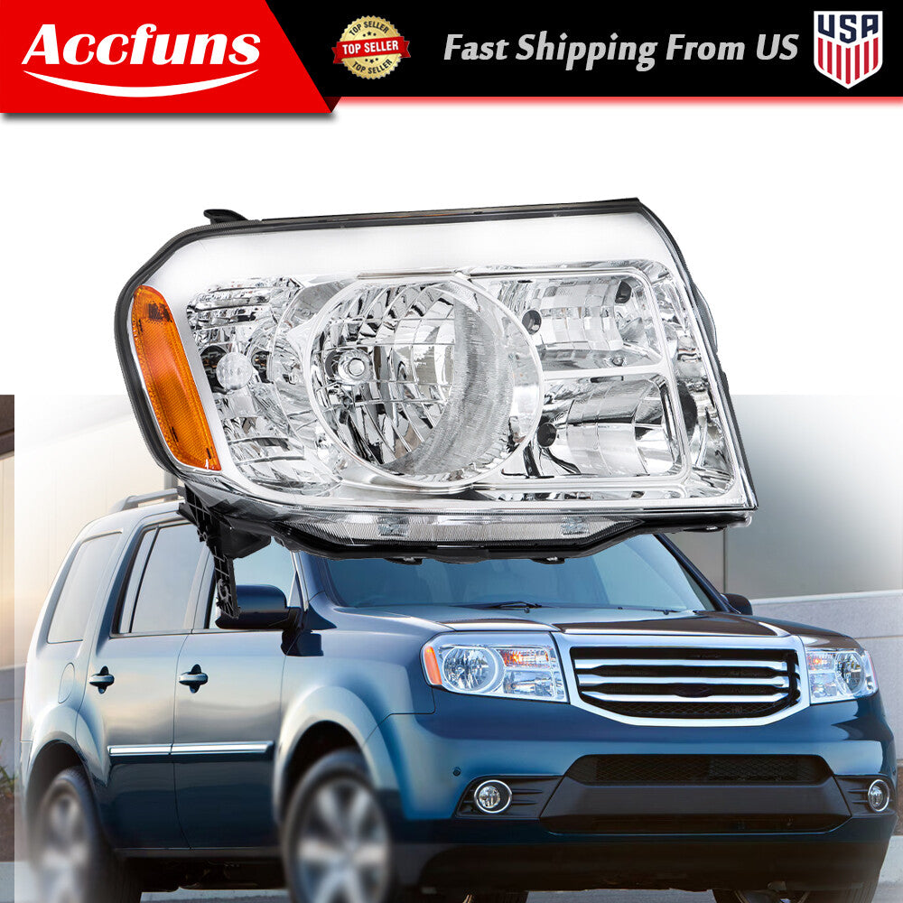 The headlight assembly is suitable for 2009, 2010, and 2011 for Honda Pilot models with a single halogen headlight on the right-hand grip. n