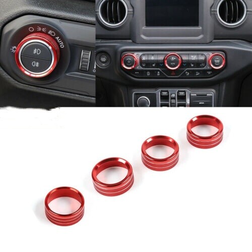 4*Red Air Conditioning + Headlight Switch Button Ring Trim for Jeep for Wrangler JL
