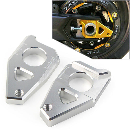 2x Silver Axle Spindle Chain Adjuster Blocks Fit for Yamaha YZF R1 FZ8 FZ1 TMAX 530