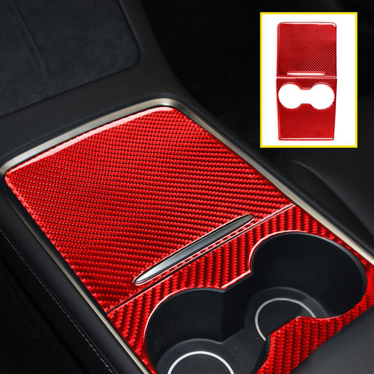 Red Carbon Fiber Center Console Cup Holder Panel Cover for Tesla Model Y 20-22 Q
