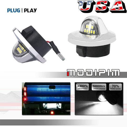 Silver-plated license plate light with white LEDs, suitable for F-150, F-250, F-350, and Super Duty-class motorcycles. Q