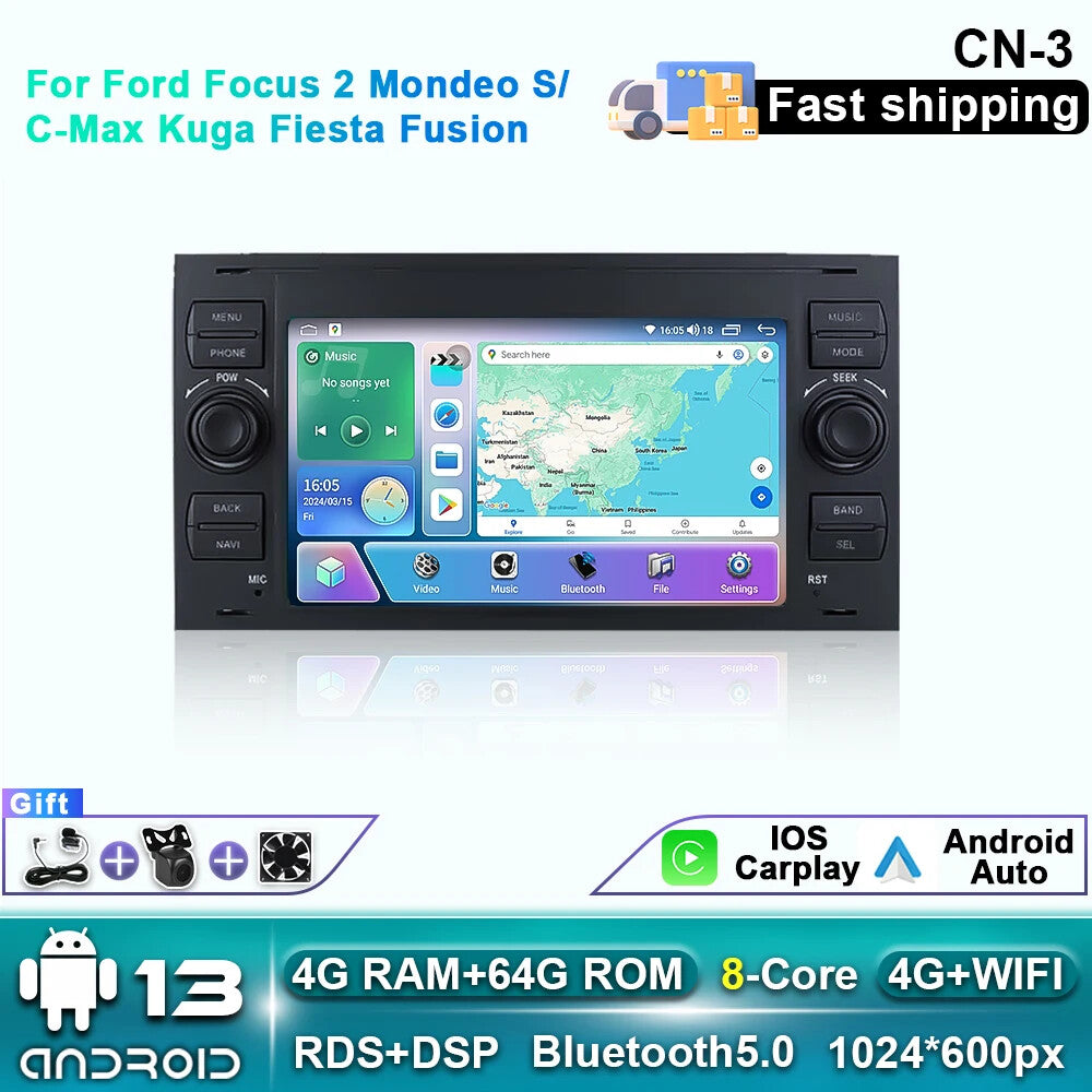 for Ford Focus 2 Mondeo S/C-Max Kuga Fiesta Fusion CarPlay Car Radio Screen GPS
