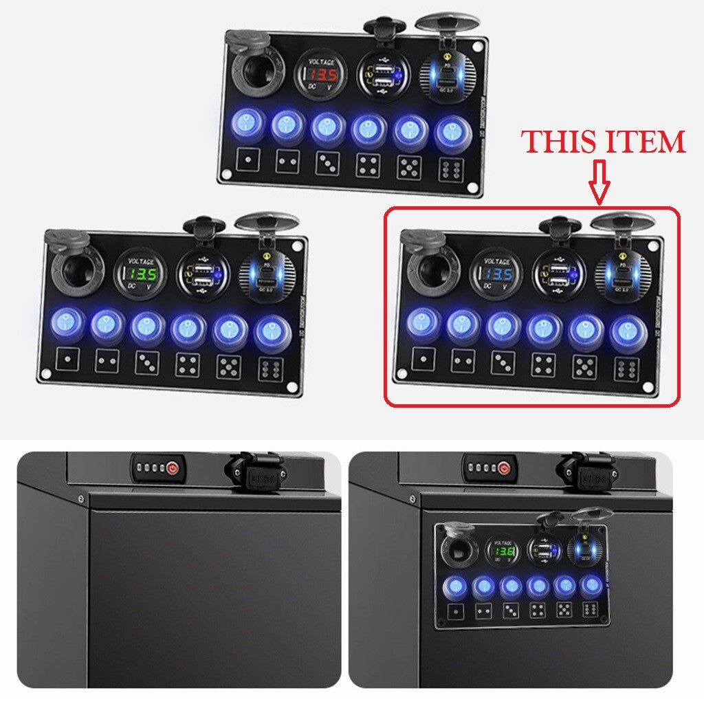 6 Gang Circuit Switch Panel + Volt + USB + Charger Suitable for RVs, Cars, Boats - n