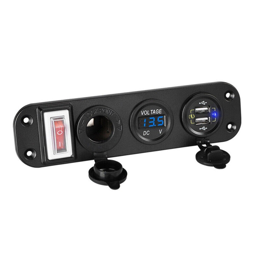 Car Dual USB Fast Charger Cigarette Lighter Blue LED Voltmeter Switch Panel New n